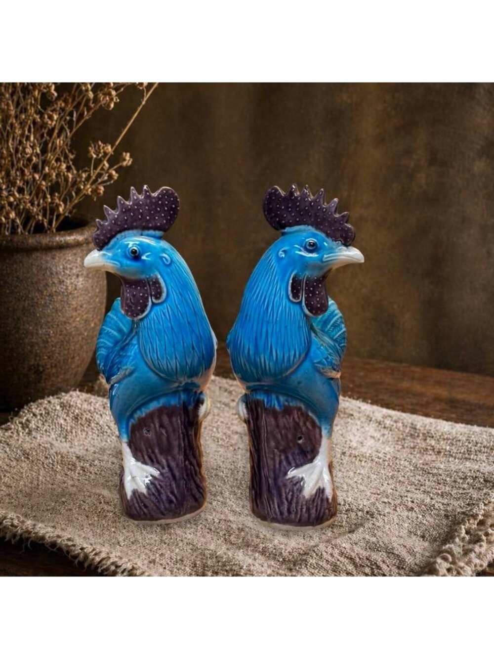 Vintage Turquoise Rooster Figurine Pair MTC Taiwan | Aubergine Glazed Chinoiseri - Picture 7 of 12